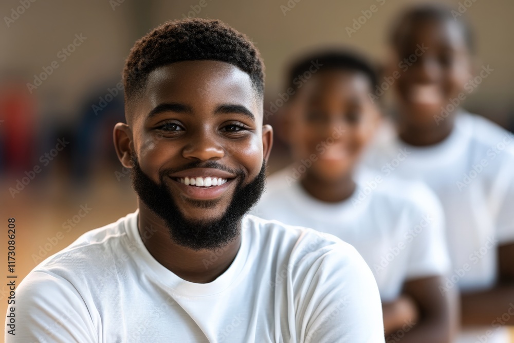 Smiling young man leads group of friends in joyful moment at indoor event in community space Smiling young man leads group of friends in joyful moment at indoor event in community space