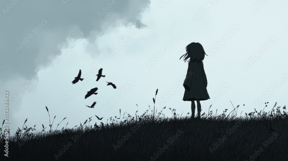 Silhouette of a girl in a field watching birds fly under a cloudy sky. Silhouette of a girl in a field watching birds fly under a cloudy sky.