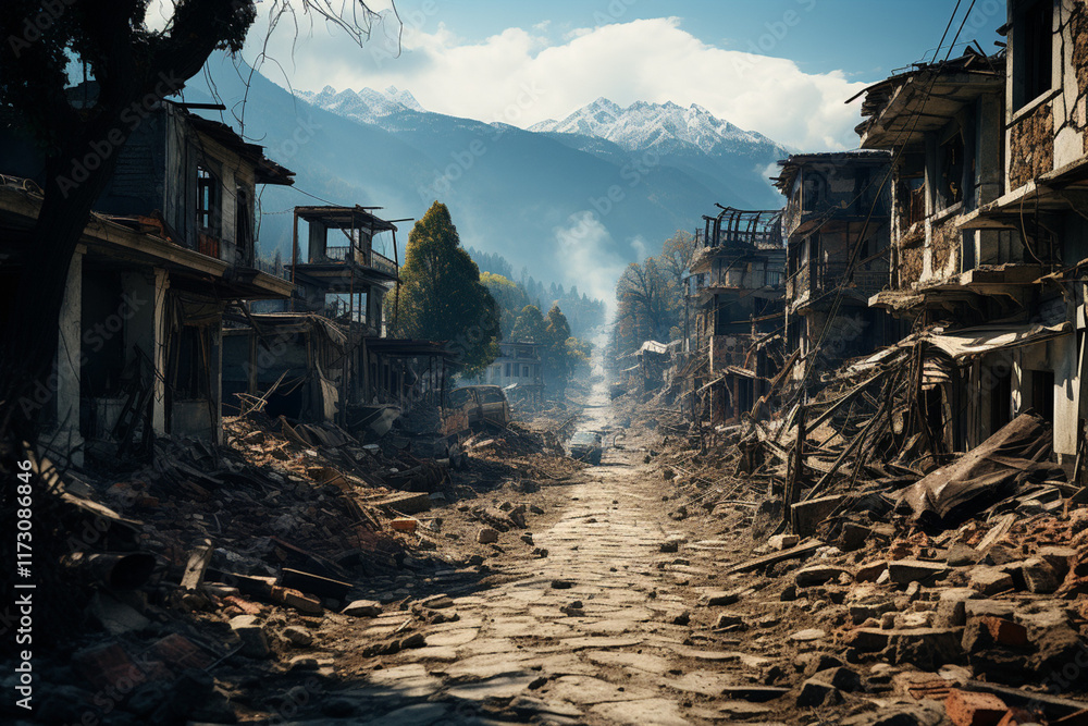 the city after the earthquake, houses destroyed after the war, dirt on the streets,. the city after the earthquake, houses destroyed after the war, dirt on the streets,.