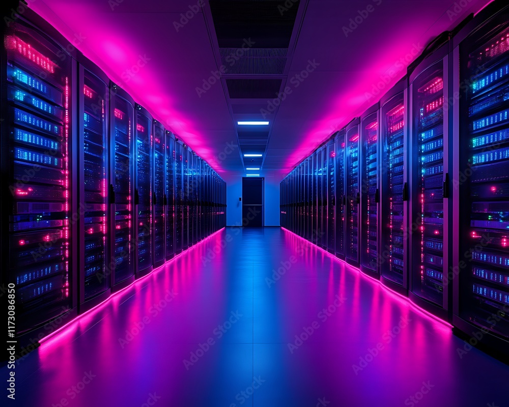 Fototapeta premium Neon-lit server room corridor. (1)