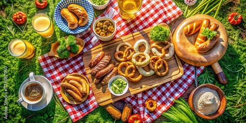 Aerial View: Bavarian Feast of Sausage, Pretzels, Mustard & Beer photo