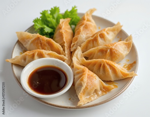 Delicious Golden-Brown Pan-Fried Dumplings with Soy Sauce photo