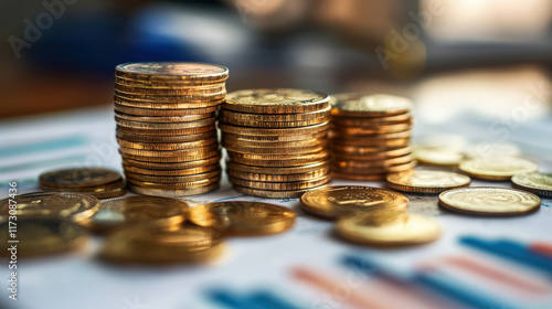 Wallpaper Mural A pile of gold coins on top of a piece of paper with a graph. The coins are stacked on top of each other, and the graph is in the background. Concept of wealth and prosperity Torontodigital.ca