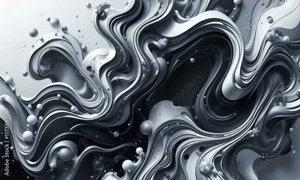 Obraz premium Flowing Gray And Silver Wavy Lines With Metallic Finish And Scattered Bubbles