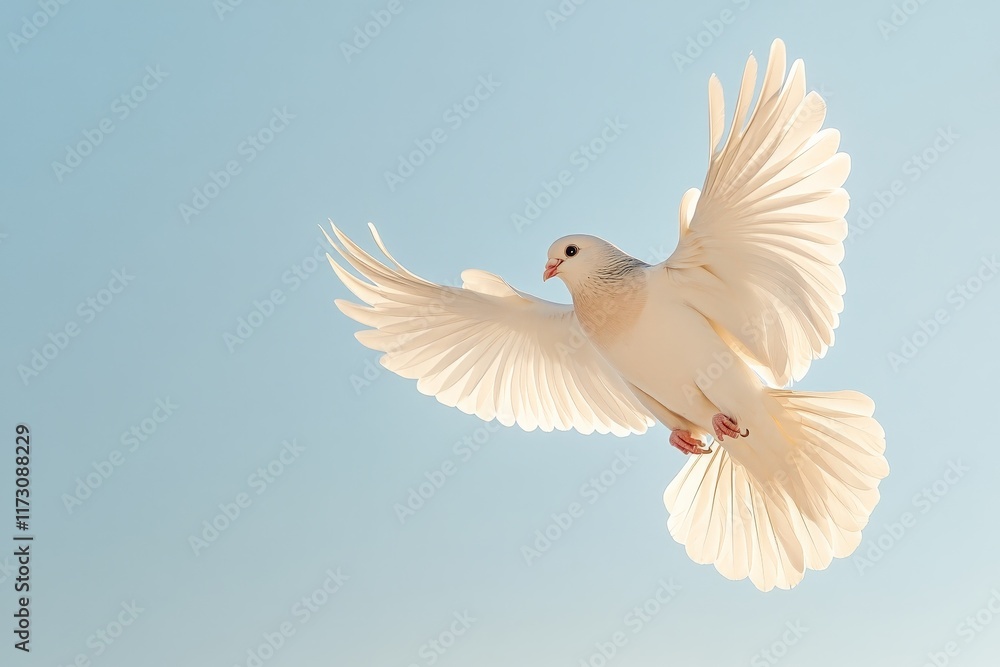 White dove in flight against a clear blue sky showcasing graceful wings and serene beauty White dove in flight against a clear blue sky showcasing graceful wings and serene beauty