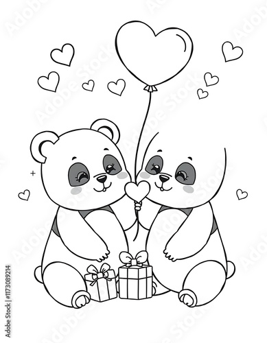 Cute cartoon panda bears, heart balloons, gift box, love hearts floating, black and white line drawing, kawaii style, Valentine's Day theme, adorable animal illustration, coloring book page, simple ba