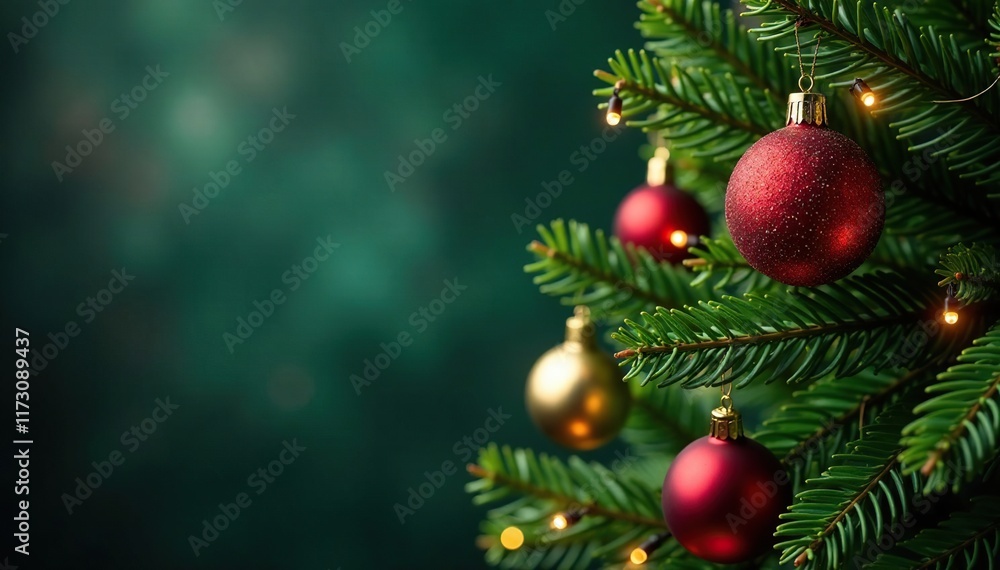 Festive evergreen branches with ornaments and lights, Christmas, evergreen branch, tree Festive evergreen branches with ornaments and lights, Christmas, evergreen branch, tree