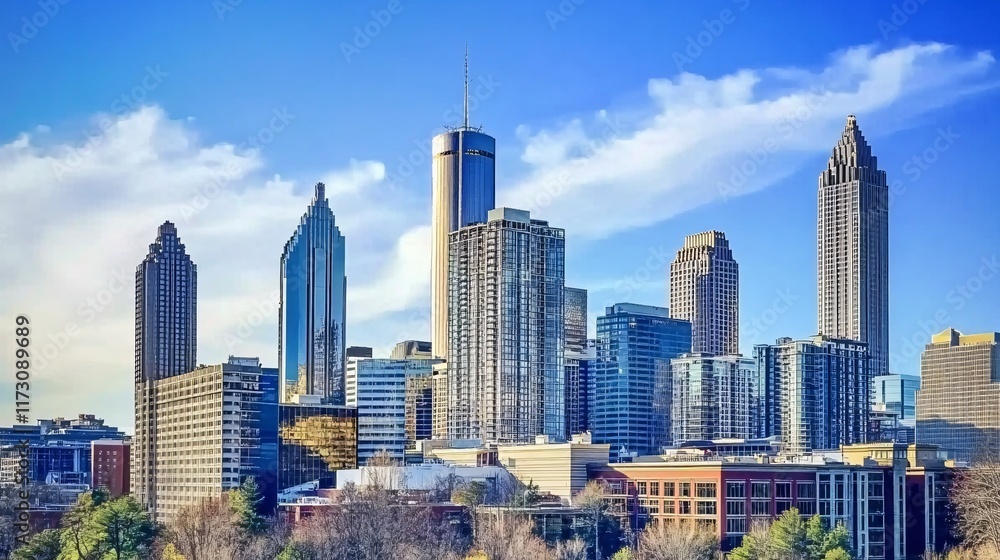 Fototapeta premium Downtown skyline on a clear day with modern skyscrapers and urban landscape.