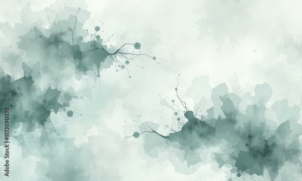 Fototapeta premium Abstract Painting With Soft Overlapping Teal And Green Hues And Organic Branch-Like Shapes In Serene Aesthetic