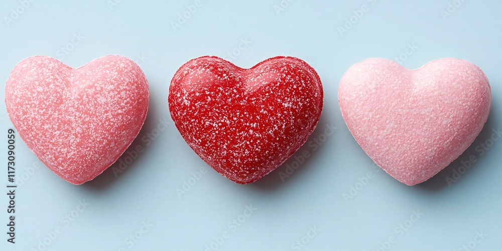 Obraz premium Valentine's Day Three Heart Shaped Objects Pink Red and Light Pink on a Blue Background