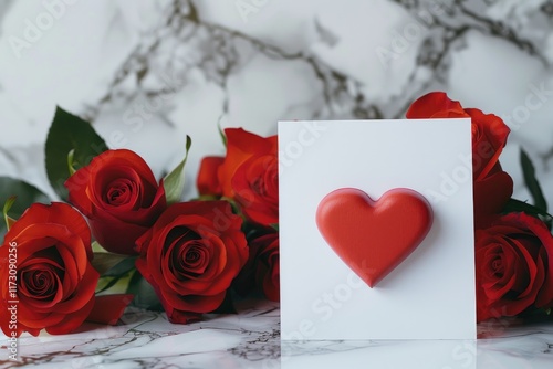 white greeting card with red heart shape standing on marble table with red roses. MZ