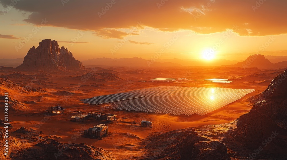Futuristic Solar Farm in Expansive Desert Landscape at Sunrise
