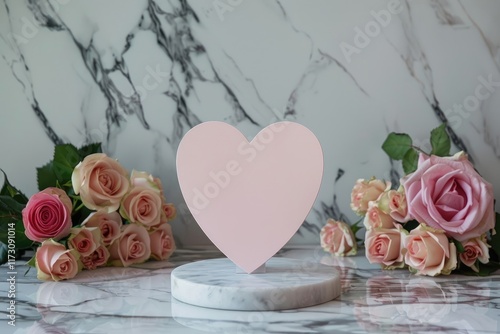 Pink greeting card with heart shape standing on marble table. MZ