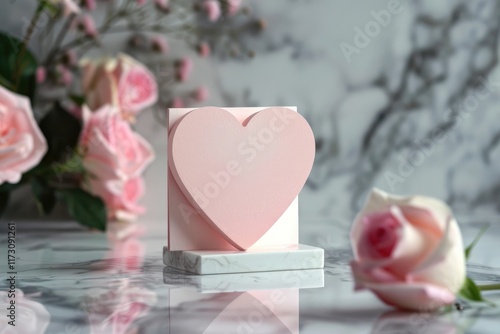 Pink greeting card with heart shape standing on marble table. MZ