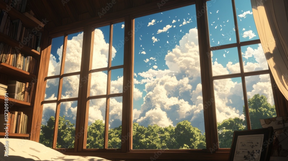 Fototapeta premium Sunny day view from a cozy reading nook with large window, bookshelves, and bed.