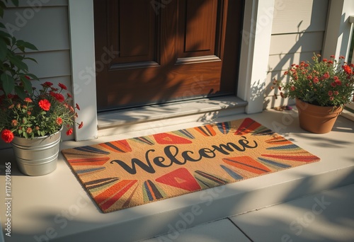 Colorful welcome doormat with flowers at front door