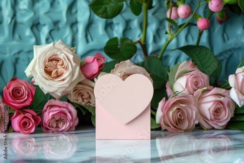Pink greeting card with heart shape standing on marble table. MZ