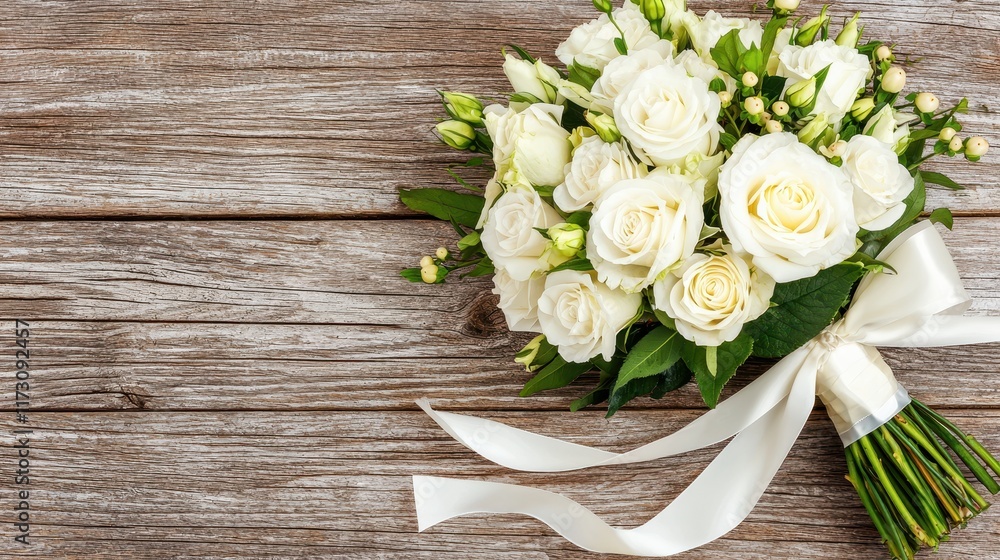 Elegant White Rose Bouquet with Greenery on Rustic Wooden Table Background Elegant White Rose Bouquet with Greenery on Rustic Wooden Table Background
