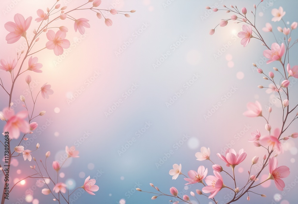 Fototapeta premium Floral pink and blue background with bokeh lights
