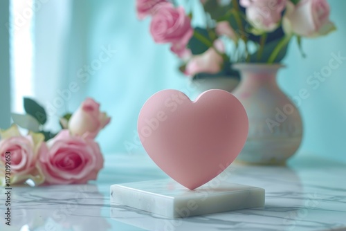 Pink greeting card with heart shape standing on marble table. MZ