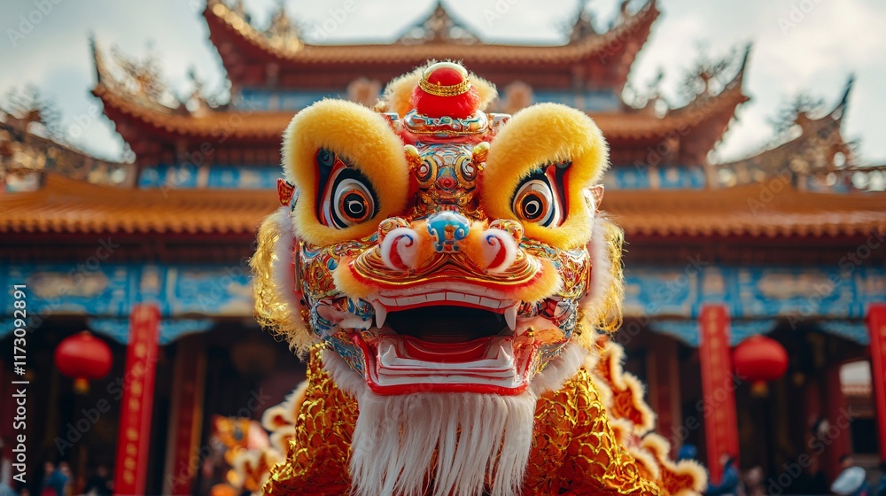 Fototapeta premium A majestic Chinese lion dance in front of a decorated temple with golden accents