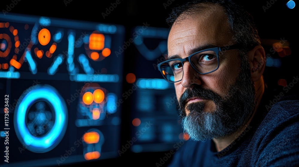 Focused Male Professional Surrounded by Modern Technology and Data Displays Focused Male Professional Surrounded by Modern Technology and Data Displays