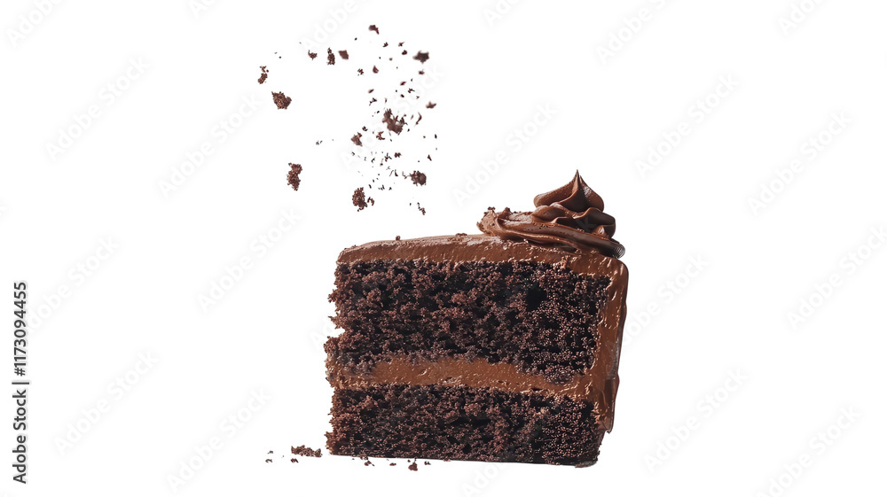 Delicious slice of chocolate cake with frosting and chocolate crumbs on a transparent background, perfect for baking enthusiasts and dessert lovers.