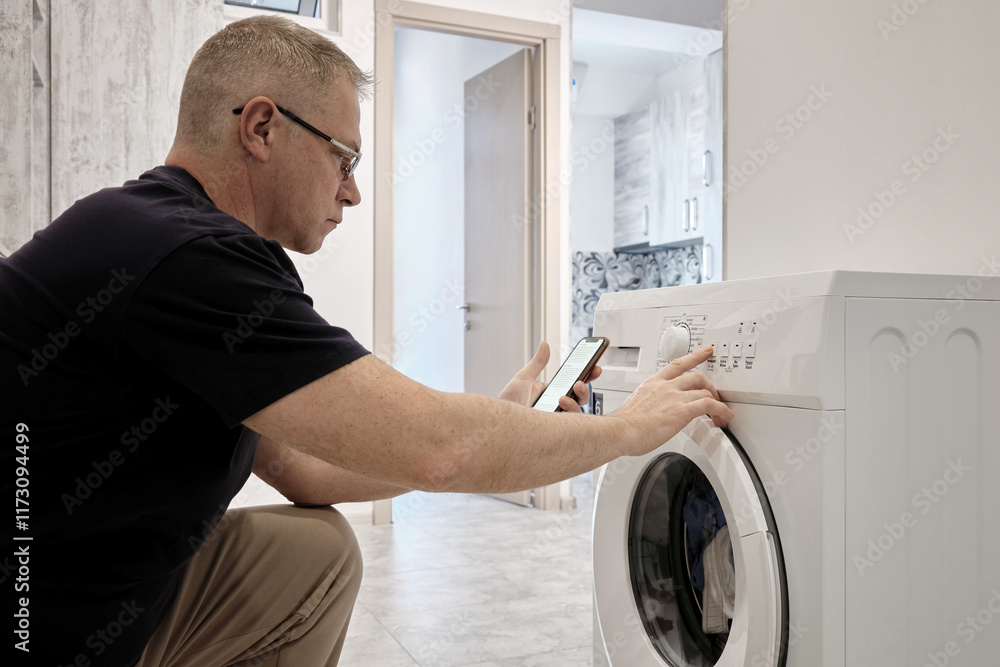 Obraz premium A middle-aged man reads the operating instructions for a washing machine on his smartphone and turns on the washing mode.