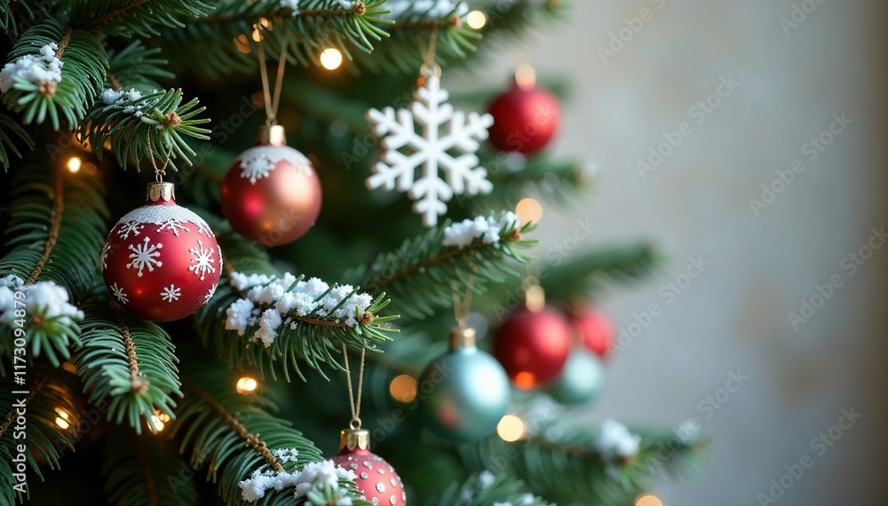 Ornate wooden Christmas tree branch with snowflakes, festive, holiday Ornate wooden Christmas tree branch with snowflakes, festive, holiday