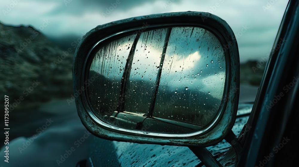 Rain-streaked car side mirror reflecting a moody mountain landscape. Rain-streaked car side mirror reflecting a moody mountain landscape.