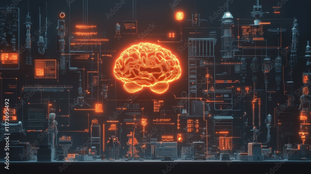 Fototapeta premium A visual timeline illustrating the evolution of humanity, from traditional tools to advanced AI-powered robots, with a glowing digital brain symbolizing the AI era. 