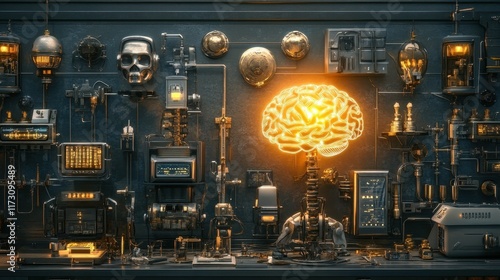 A visual timeline illustrating the evolution of humanity, from traditional tools to advanced AI-powered robots, with a glowing digital brain symbolizing the AI era.  photo