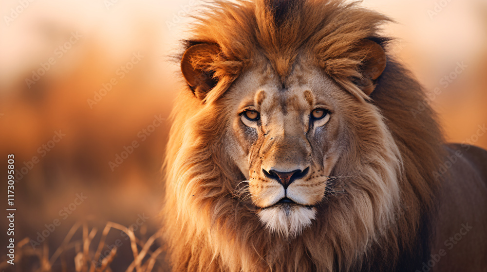 Majestic Lion Gazing Intently at Camera in Warm Sunset Lighting Showcasing Its Vibrant Mane and Powerful Presence in Natural Habitat Majestic Lion Gazing Intently at Camera in Warm Sunset Lighting Showcasing Its Vibrant Mane and Powerful Presence in Natural Habitat
