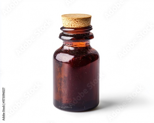 Amber Glass Bottle with Cork Lid Isolated on White Background photo