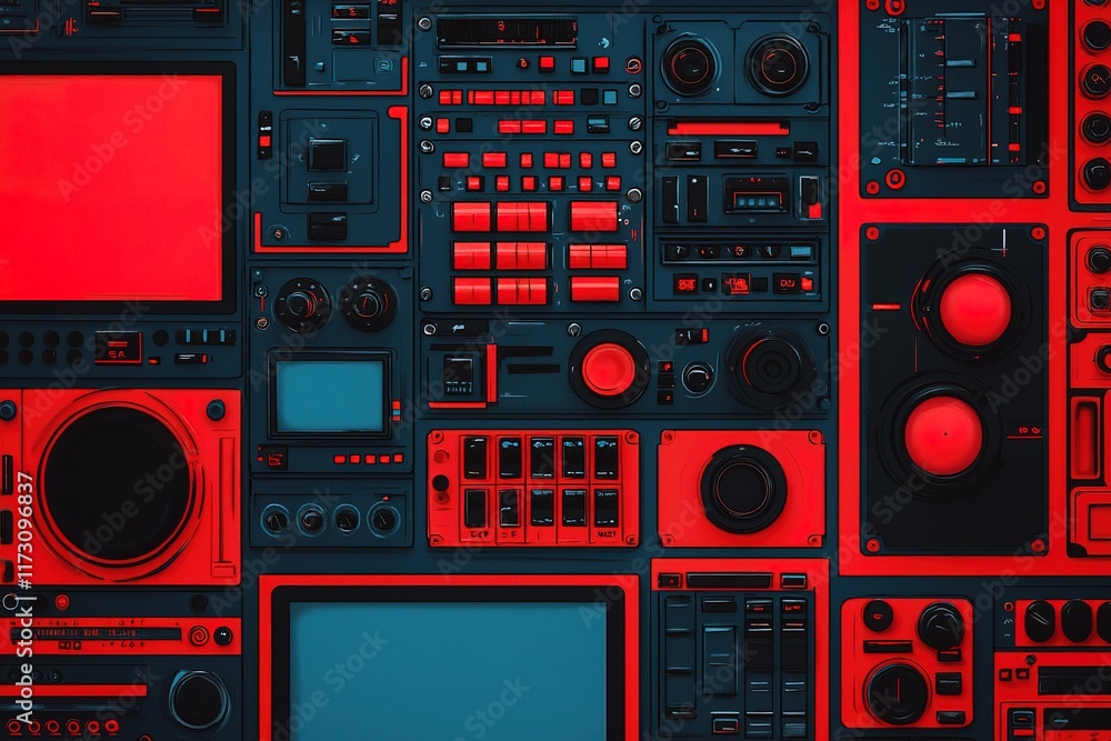 Fototapeta premium Vintage audio equipment arranged in a striking red and blue pattern, showcasing various buttons, dials, and screens. Cybersecurity,Audio Visual Content