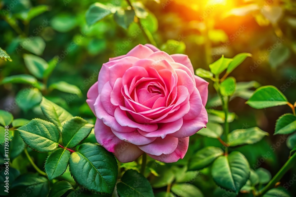 Aerial View of Delicate Pink Rose Blossom in Lush Green Foliage - Spring Bloom Aerial View of Delicate Pink Rose Blossom in Lush Green Foliage - Spring Bloom