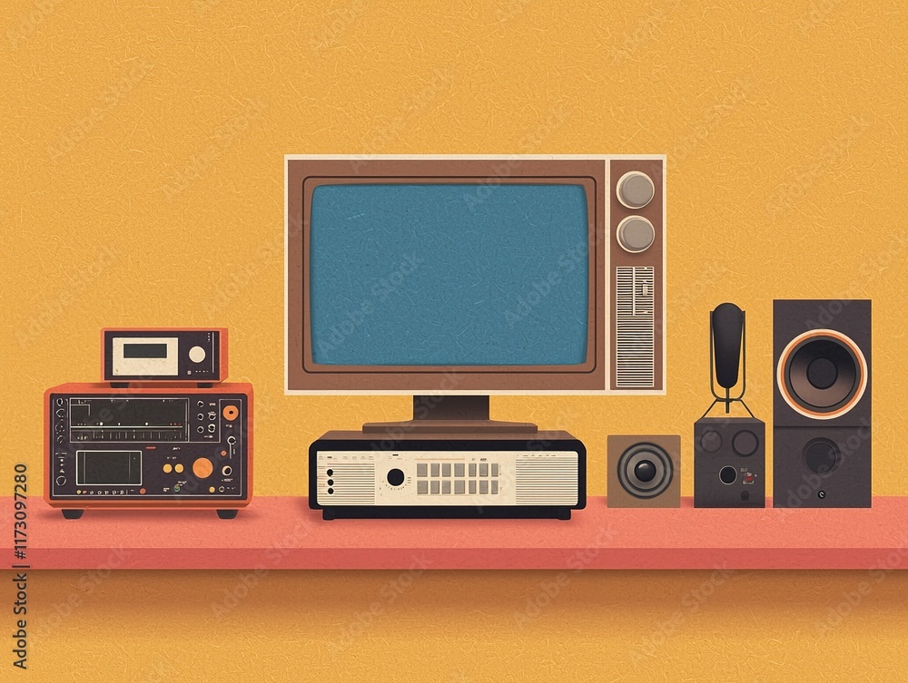 Fototapeta premium Vintage electronics including a retro television, speakers, and audio equipment set against a warm, orange background. Cybersecurity,Audio Visual Content