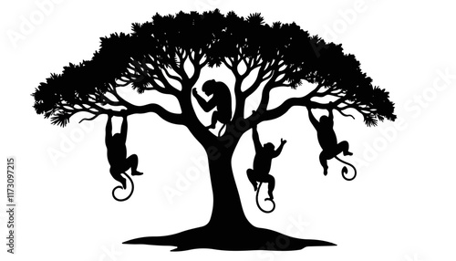 Monkeys swinging joyfully in a vibrant tree during a lively afternoon in the jungle