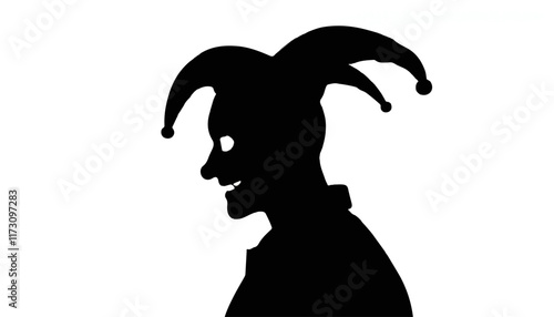 Mysterious jester silhouette evokes intrigue and whimsy in a playful and artistic representation against a stark background
