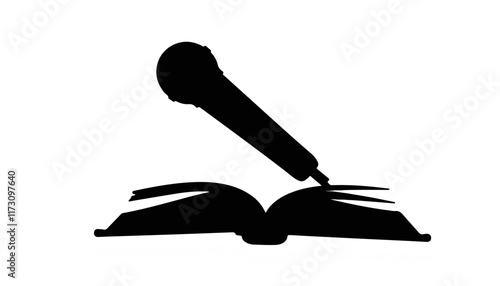 Expressive sharing of words between a microphone and an open book at a creative gathering in the evening