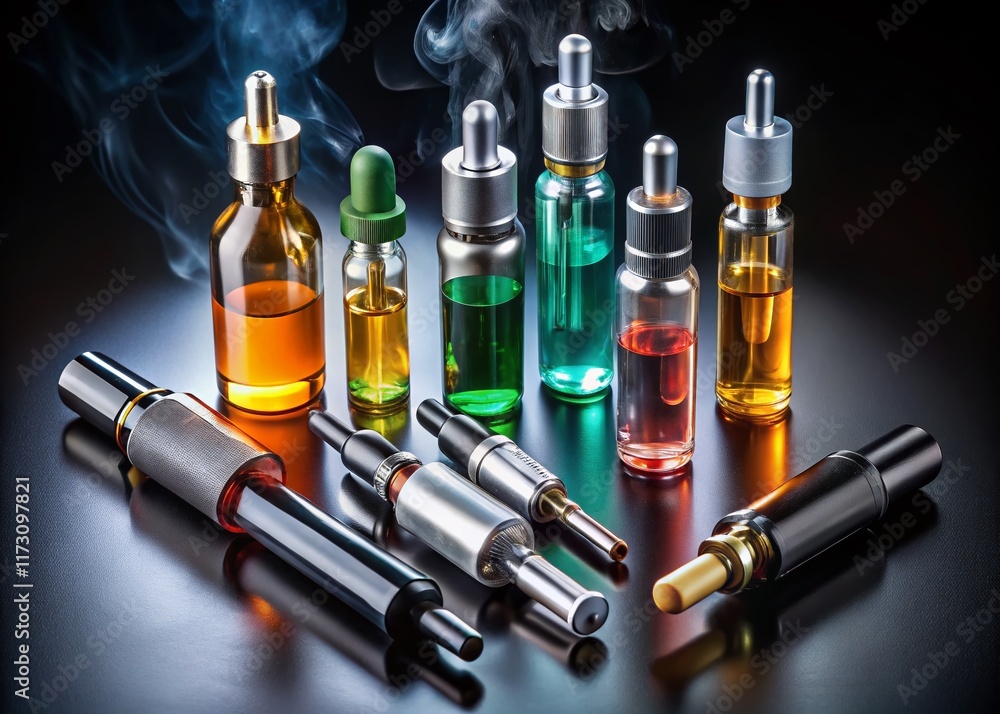 Aerial View of E-cigarettes & Vape Juice Bottles on Black Aerial View of E-cigarettes & Vape Juice Bottles on Black