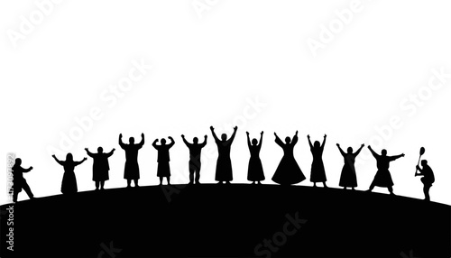 Celebration of unity and joy at dusk with a diverse group of people expressing happiness and togetherness