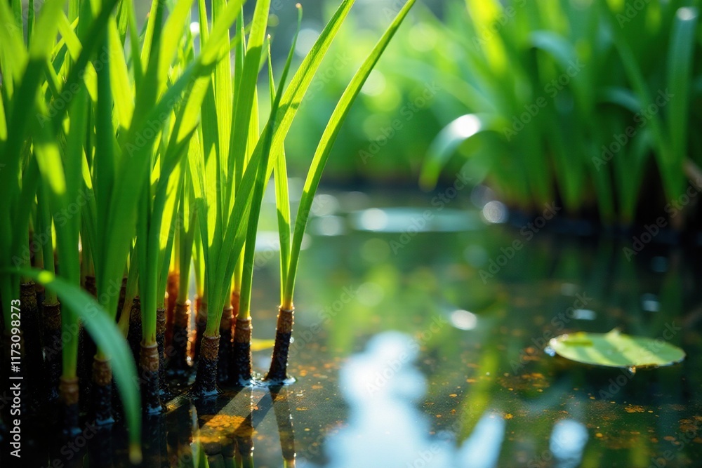Obraz premium Sedge stalks submerged in shallow water with aquatic plants, swamp, vegetation, ponds