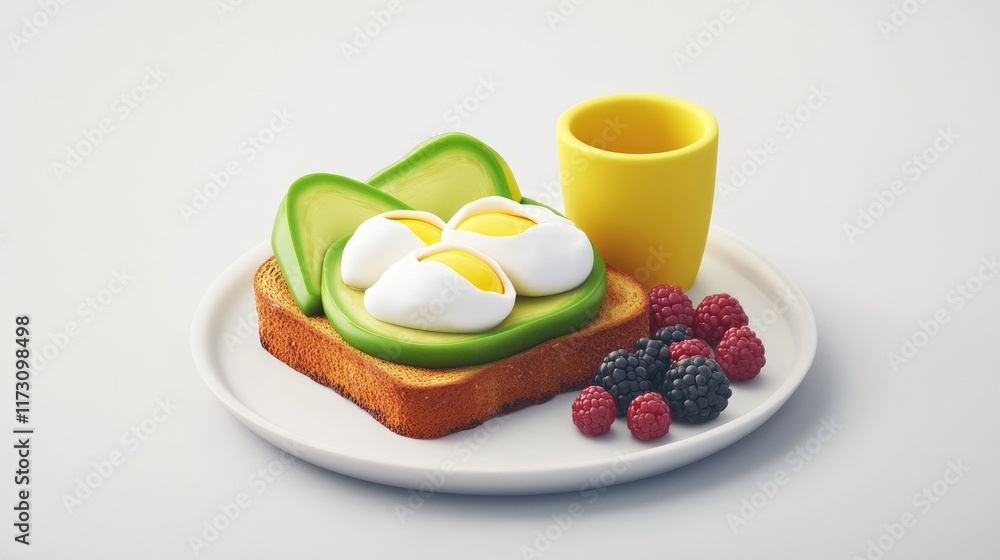 A plate featuring toast with avocado, poached eggs, berries, and a yellow cup. A plate featuring toast with avocado, poached eggs, berries, and a yellow cup.