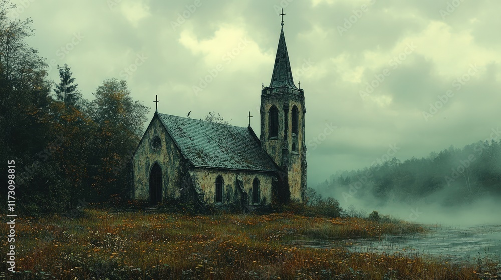 Abandoned stone church in foggy forest. Abandoned stone church in foggy forest.