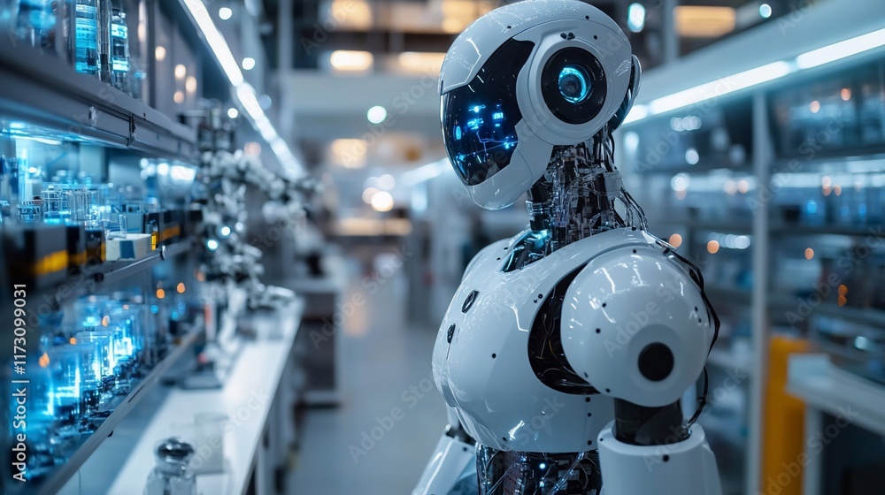A humanoid robot stands in a futuristic laboratory setting, surrounded by scientific equipment and machinery. A humanoid robot stands in a futuristic laboratory setting, surrounded by scientific equipment and machinery.