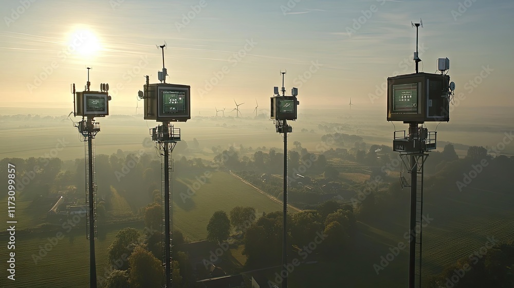 Aerial view of monitoring stations with screens, surrounded by a misty landscape. Aerial view of monitoring stations with screens, surrounded by a misty landscape.