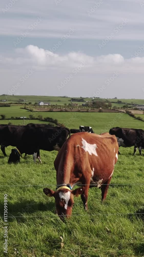 The image shows various cows grazing on a bright green pasture. The background shows a panoramic view of farmland. A calm countryside vista. The image shows various cows grazing on a bright green pasture. The background shows a panoramic view of farmland. A calm countryside vista.