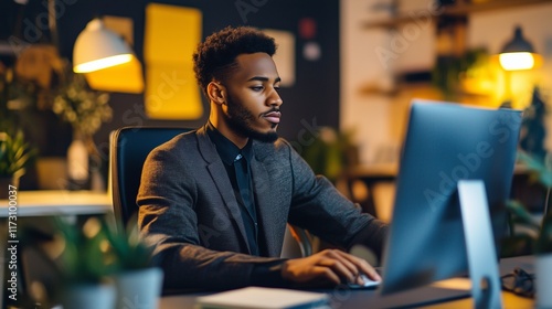 Professional at a desk with visible strain illustrating work-related neck pain. photo