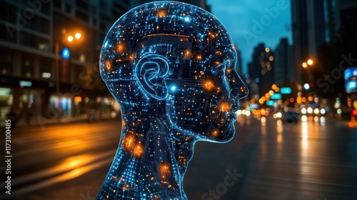 A digital human silhouette with glowing circuitry against an urban backdrop.